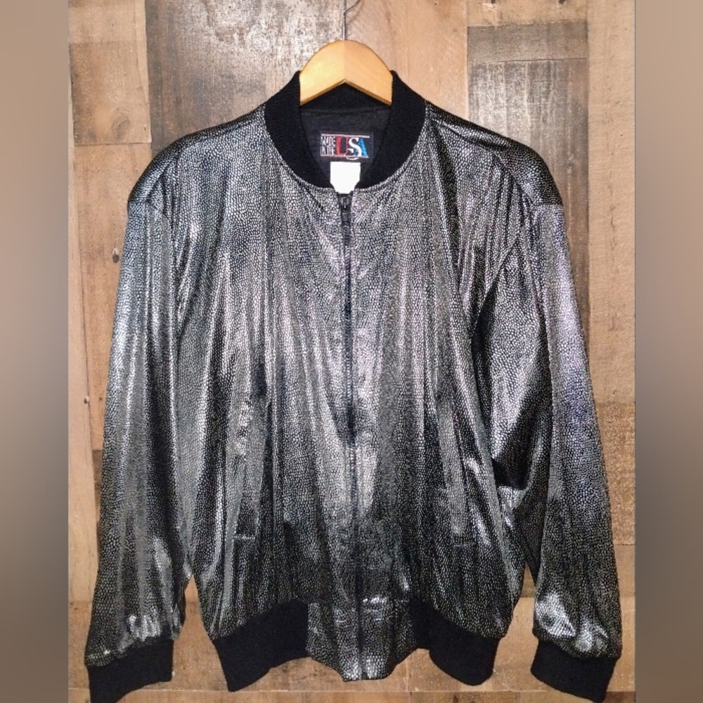Vintage Made In The USA Metallic Dot Windbreaker Bomber Jacket 80s Black Silver